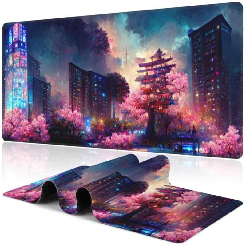 Beautiful night scene game keyboard mouse pad, non-slip rubber base table pad waterproof mouse pad