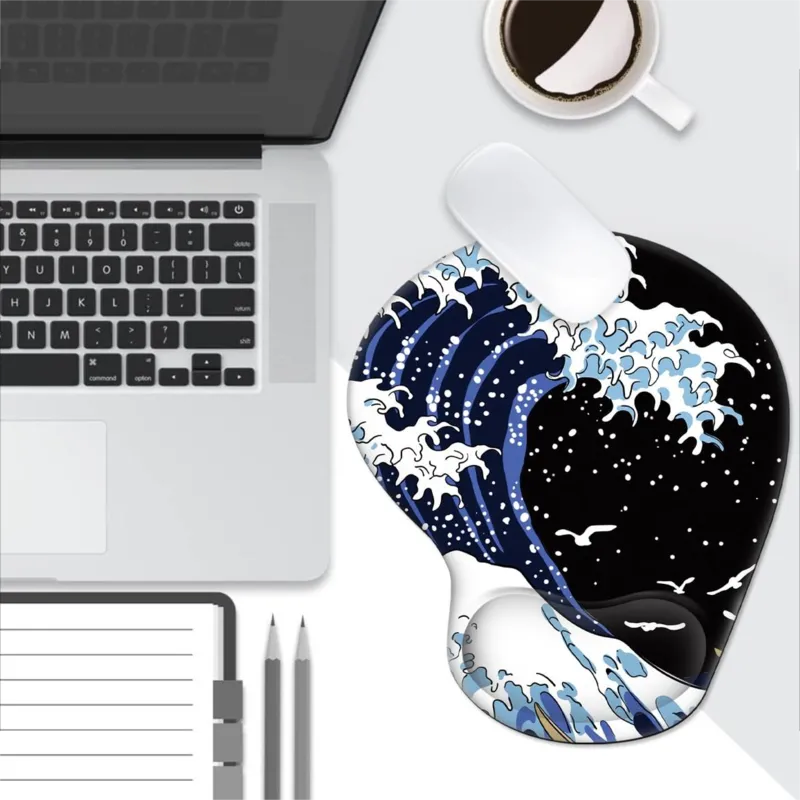 Wavy pattern ergonomic mouse pad, gel wrist non-slip PU base with wrist support for office homes