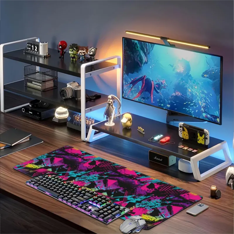 Neon pattern gaming keyboard mouse pad, non-slip rubber base table pad