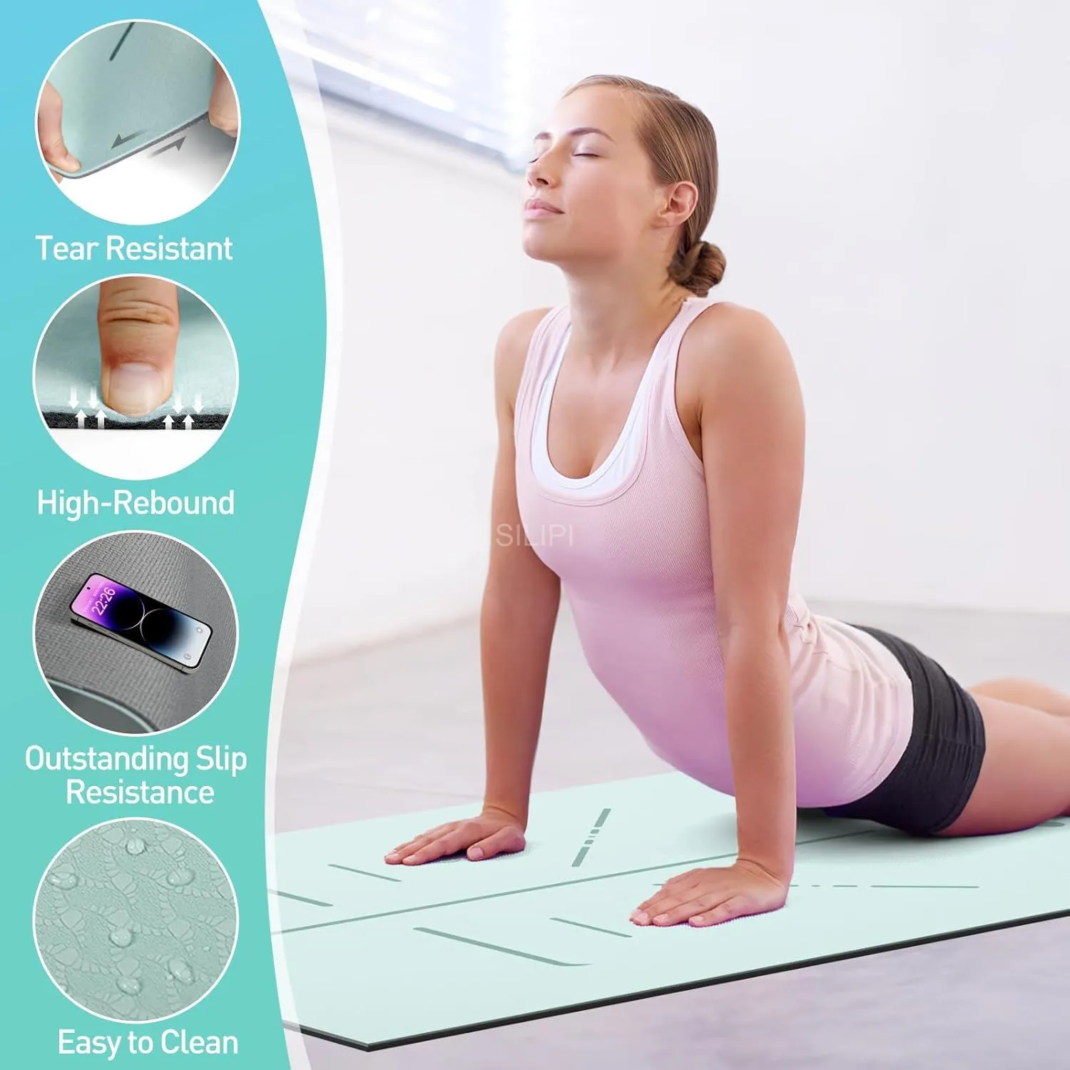 Non Slip Yoga Mat with Alignment Mark, Anti-Tear Exercise & Fitness Mat for Yoga, Pilates & Floor Workouts, Carry Strap Included