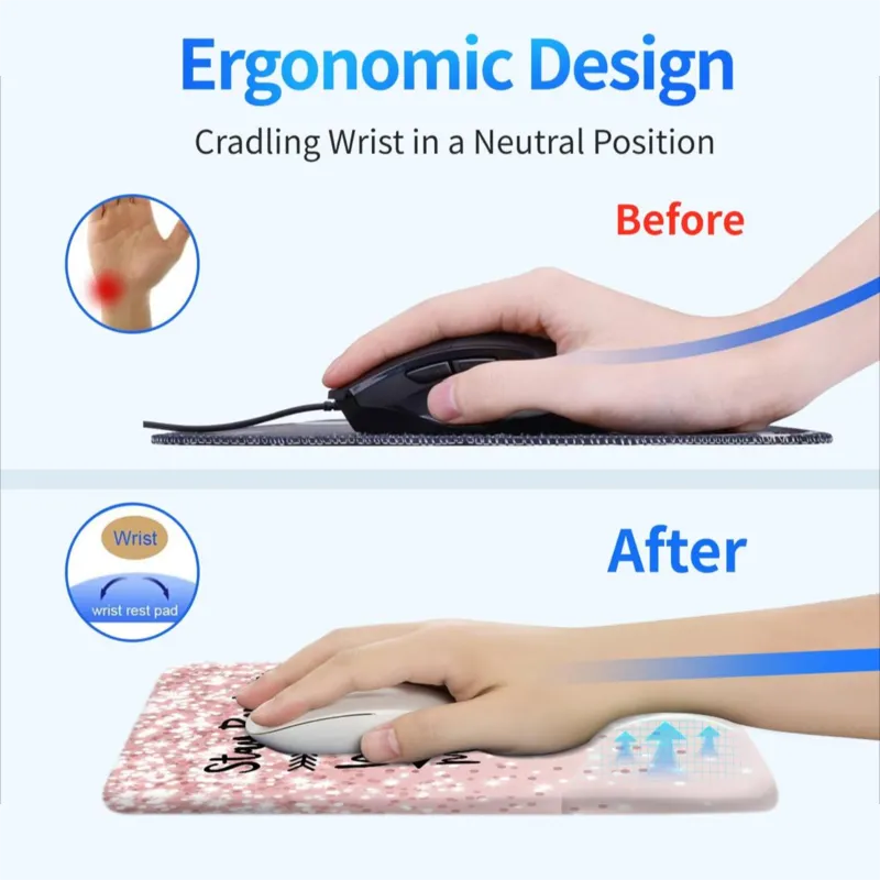 Pink strap wrist support, mouse pad with comfortable gel wrist and non-slip PU base mouse pad