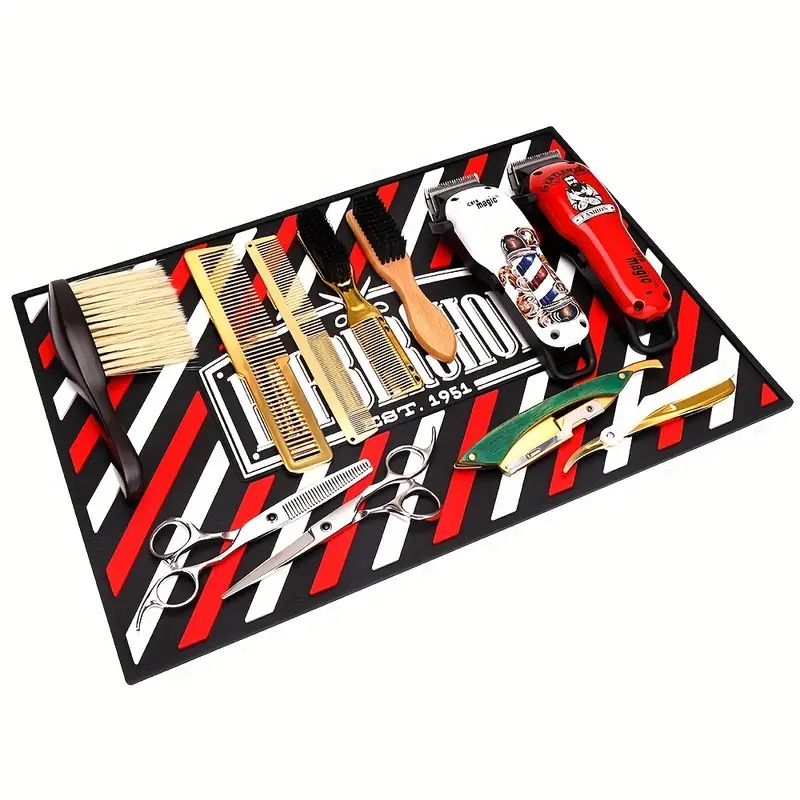 Barber Tools Organizer Mat 14”X 9” (RED) Flexible PVC Station Mat, Professional Mat