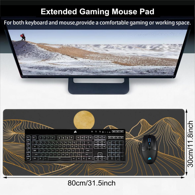 Gaming keyboard mouse pad, non-slip rubber base table pad with thick sewn edges waterproof mouse pad