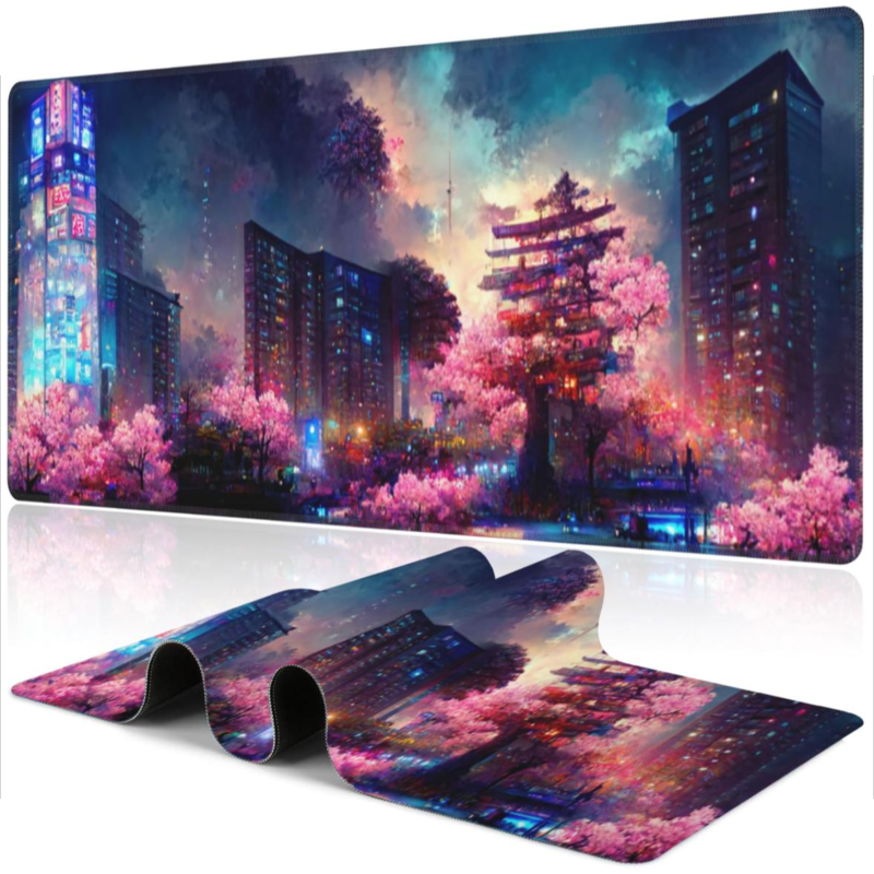 Beautiful night scene game keyboard mouse pad, non-slip rubber base table pad Waterproof mouse pad 80 cm x 30 cm