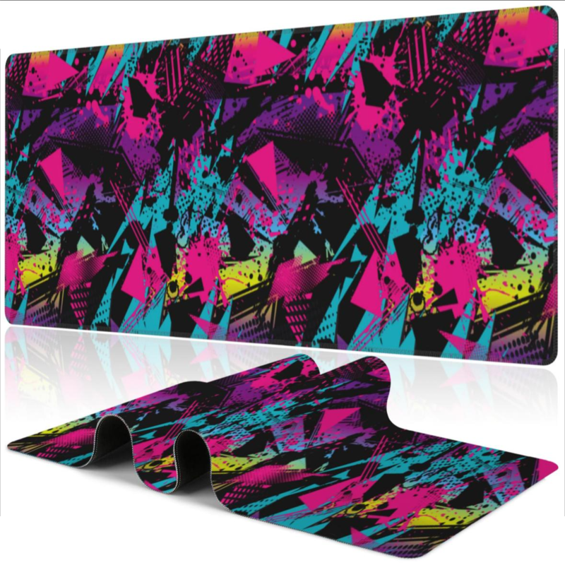 Neon pattern gaming keyboard mouse pad, non-slip rubber base table pad