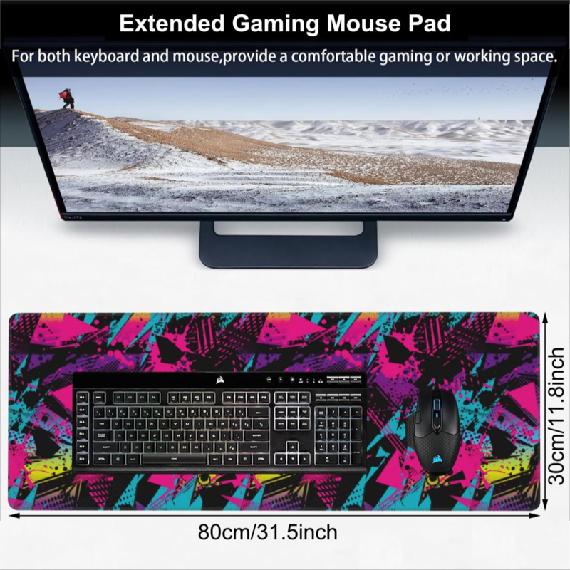 Neon pattern gaming keyboard mouse pad, non-slip rubber base table pad