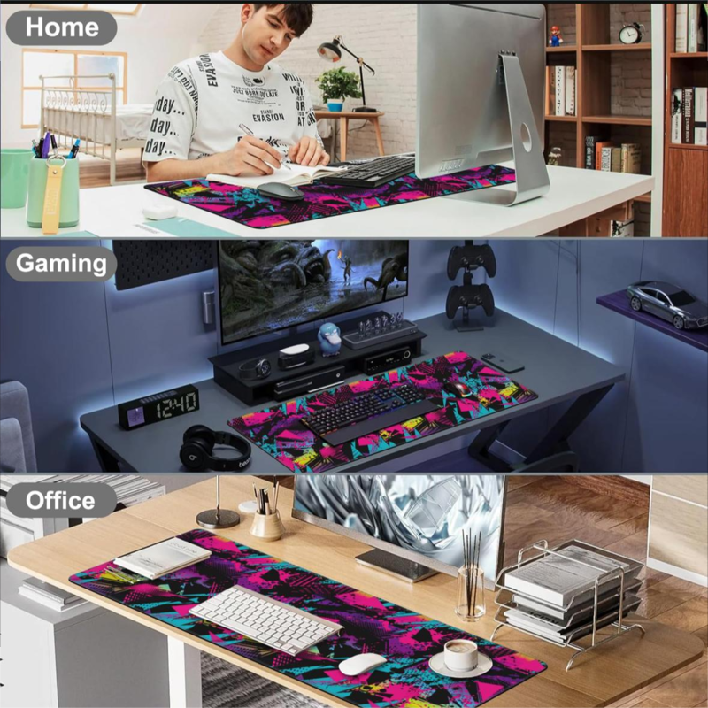 Neon pattern gaming keyboard mouse pad, non-slip rubber base table pad