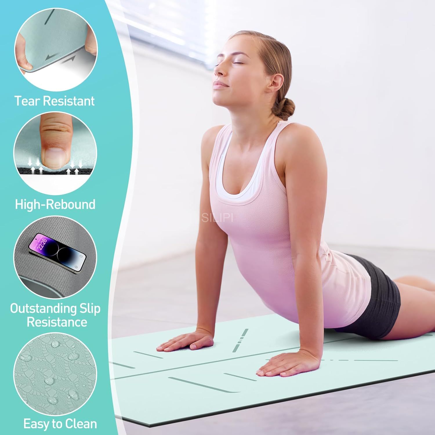 Non Slip Yoga Mat with Alignment Mark, Anti-Tear Exercise