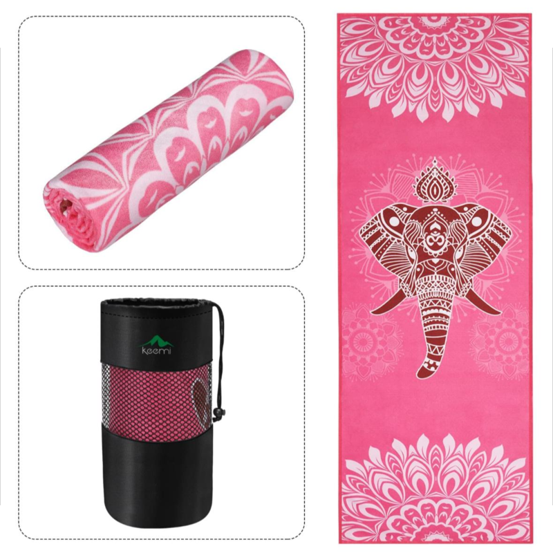 Pilates Fitness Towel Mat (185.4 cm x 63.5 cm, elephant pattern) Microfiber non-slip yoga mat